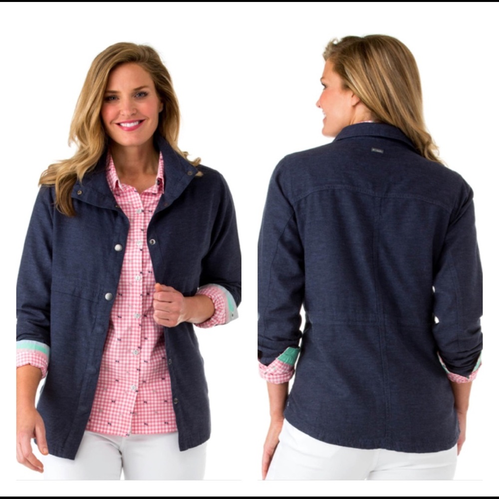 Columbia Summer Time XL Women Jacket Hemp Cotton High Neck Waistband Navy Blue